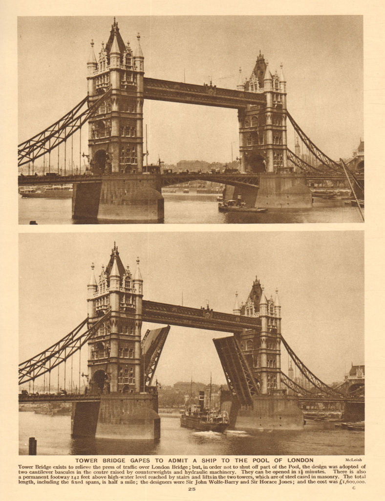 Tower Bridge opens to admit a ship to the Pool of London 1926 old print
